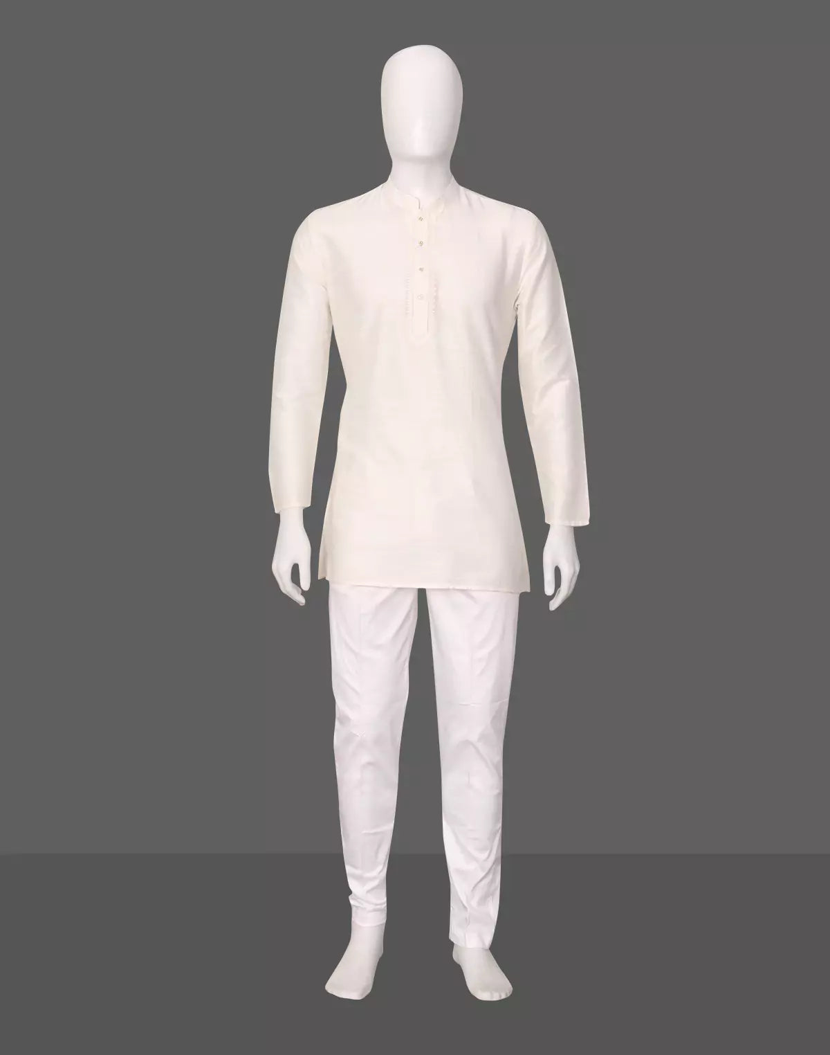 Raw Silk Plain Off White Men's Full Sleeve Short Kurta