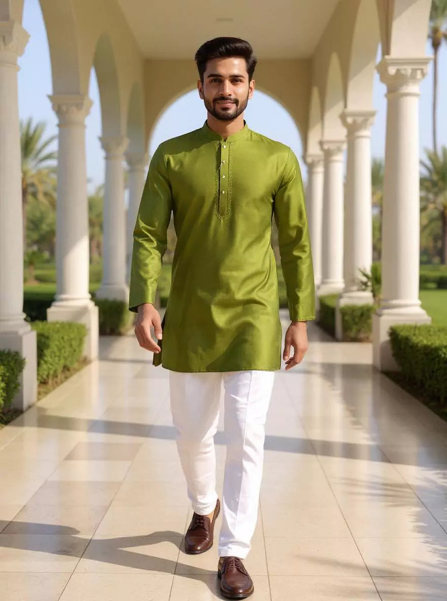 Image of Raw Silk Plain Men's Full Sleeve Short Kurta