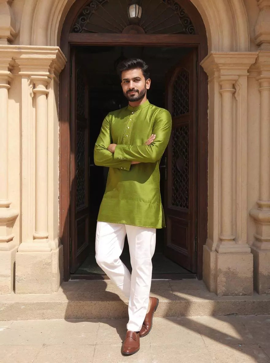 Image of Raw Silk Plain Men's Full Sleeve Short Kurta
