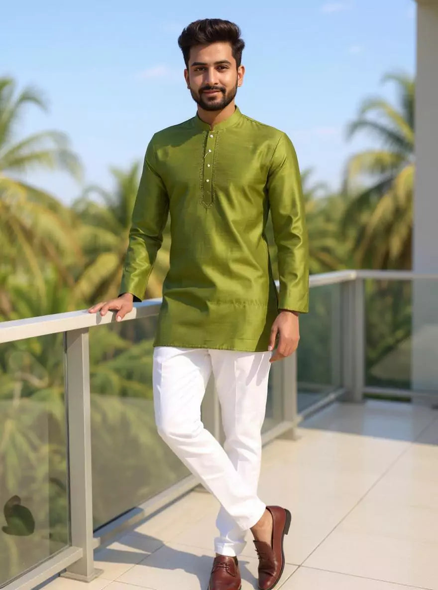 Raw Silk Plain Men's Full Sleeve Short Kurta