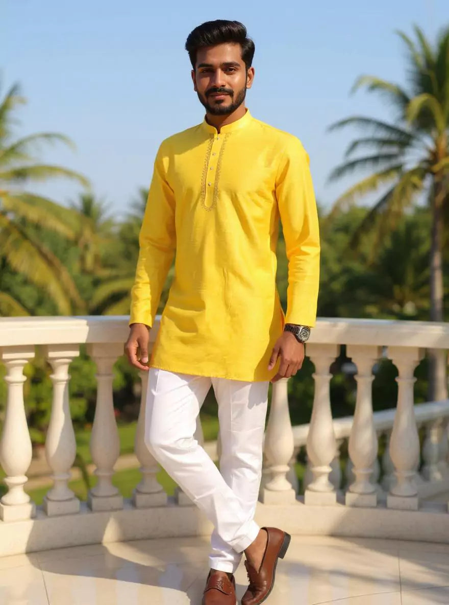 Lemon Raw Silk Plain Men's Full Sleeve Short Kurta