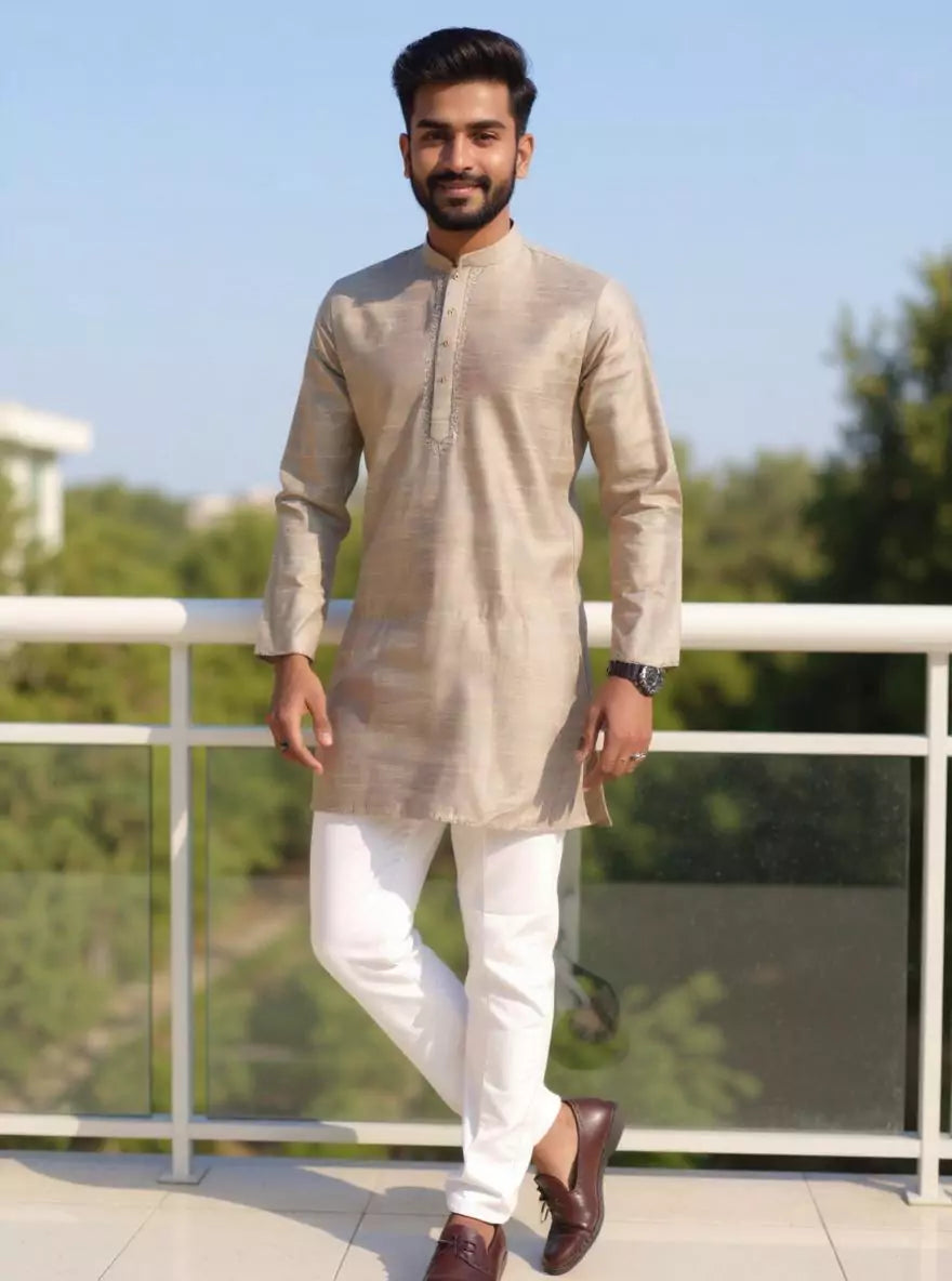 Image of Raw Silk Plain Men's Full Sleeve Short Kurta