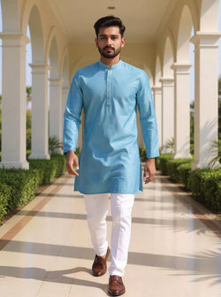 Raw Silk Plain Sky Blue Men's Full Sleeve Short Kurta – South India  Shopping Mall