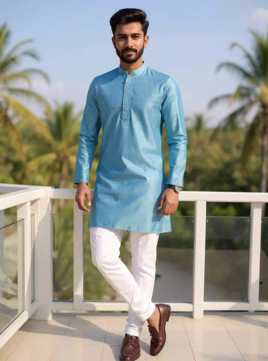 Raw Silk Plain Sky Blue Men's Full Sleeve Short Kurta
