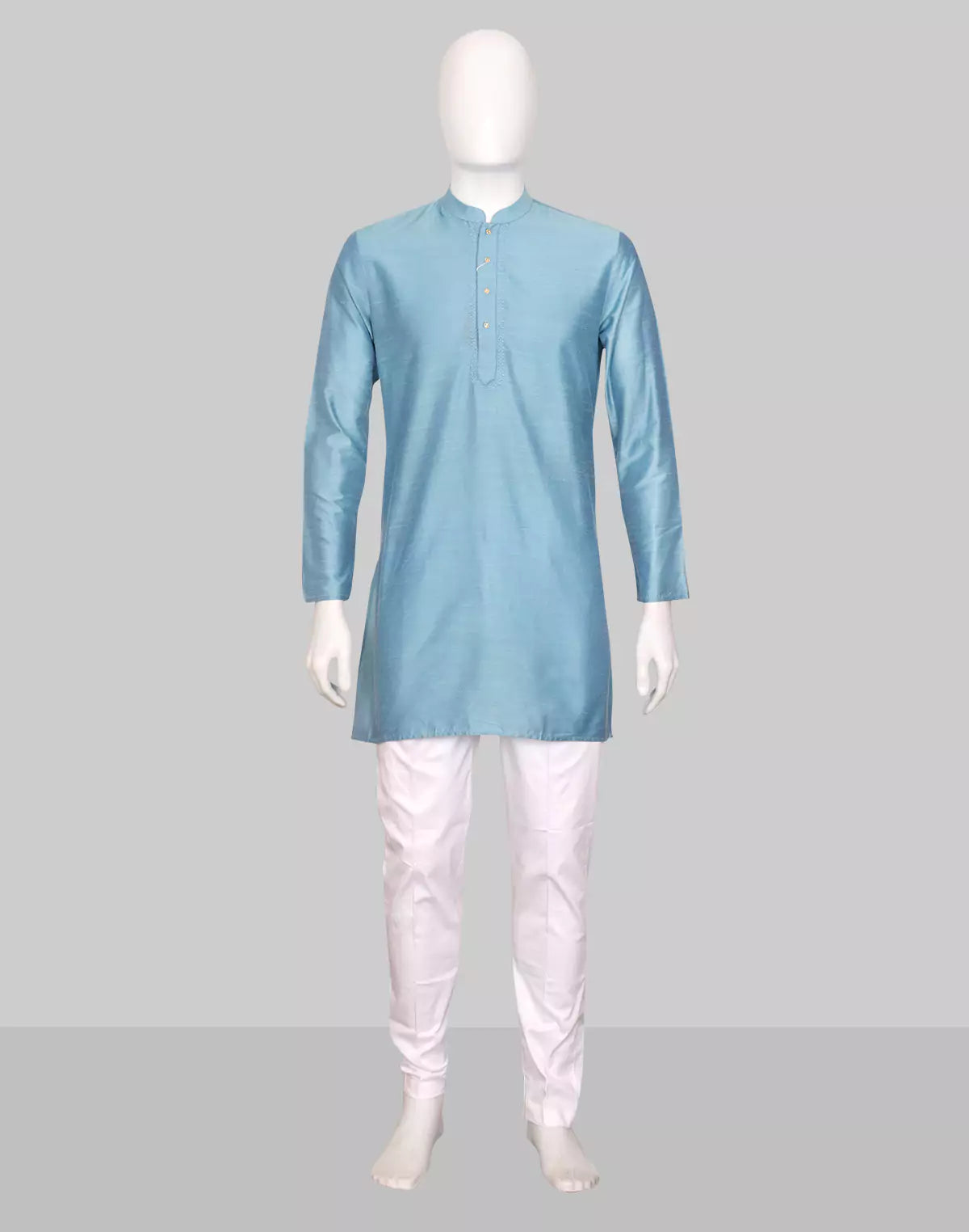 Image of Raw Silk Plain Sky Blue Men's Full Sleeve Short Kurta