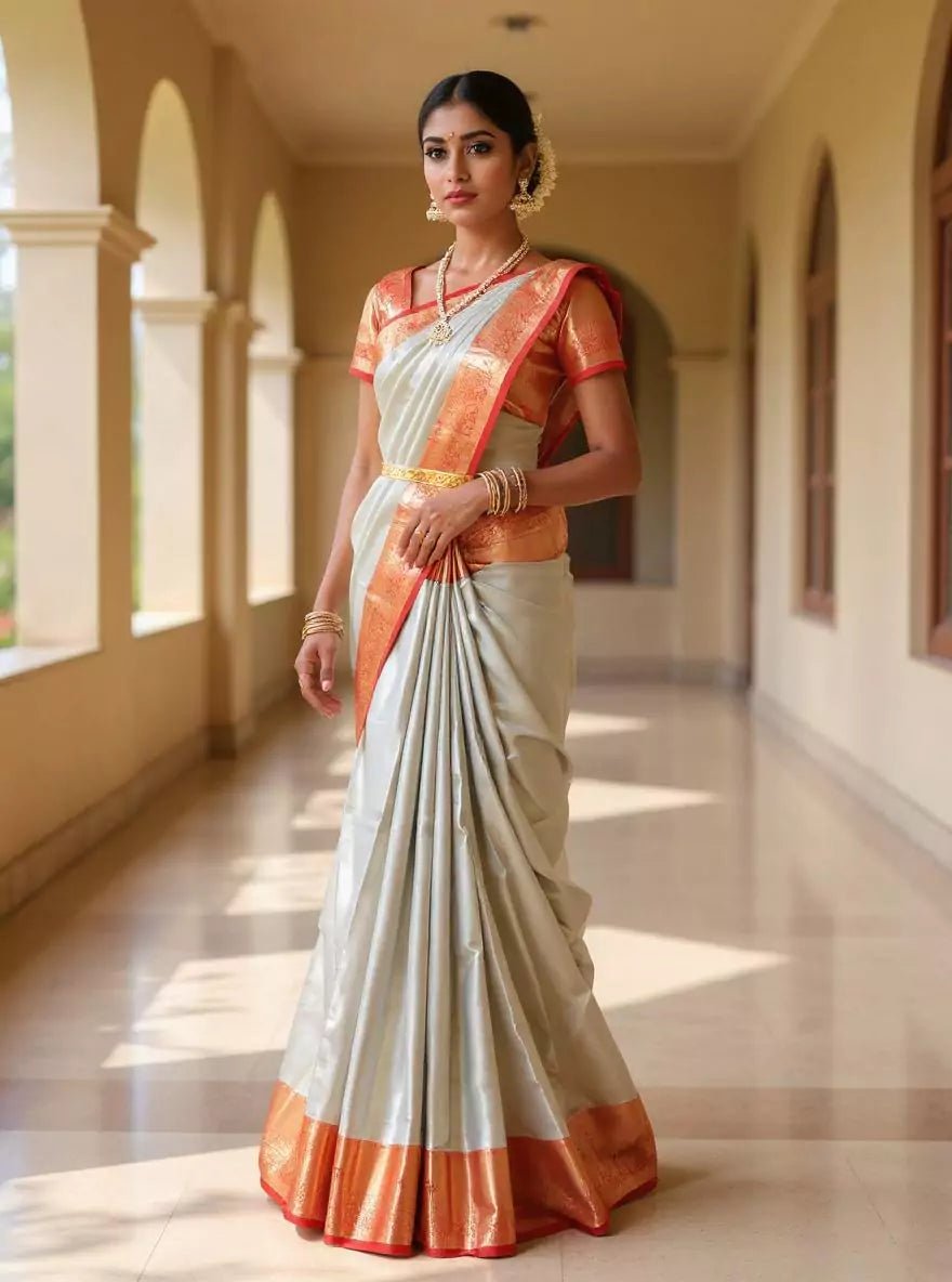 Image of Silver Coloured Plain Tissue Jaal Kanchi Padiya Pattu Contrast Border Silk Saree - South India Shopping Mall