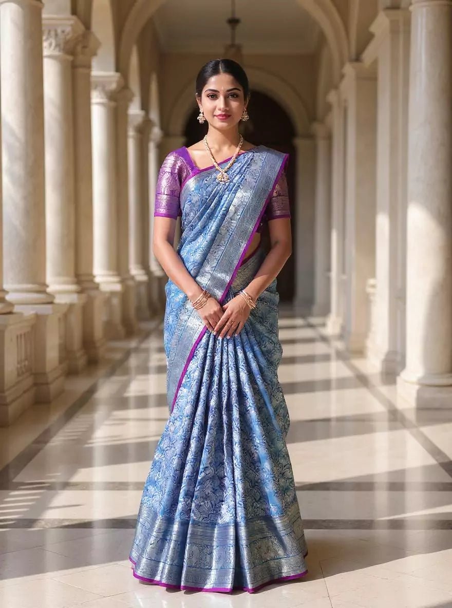 Image of Silver Floral Zari Sky Blue Kanchi Pattu Silk Saree - South India Shopping Mall