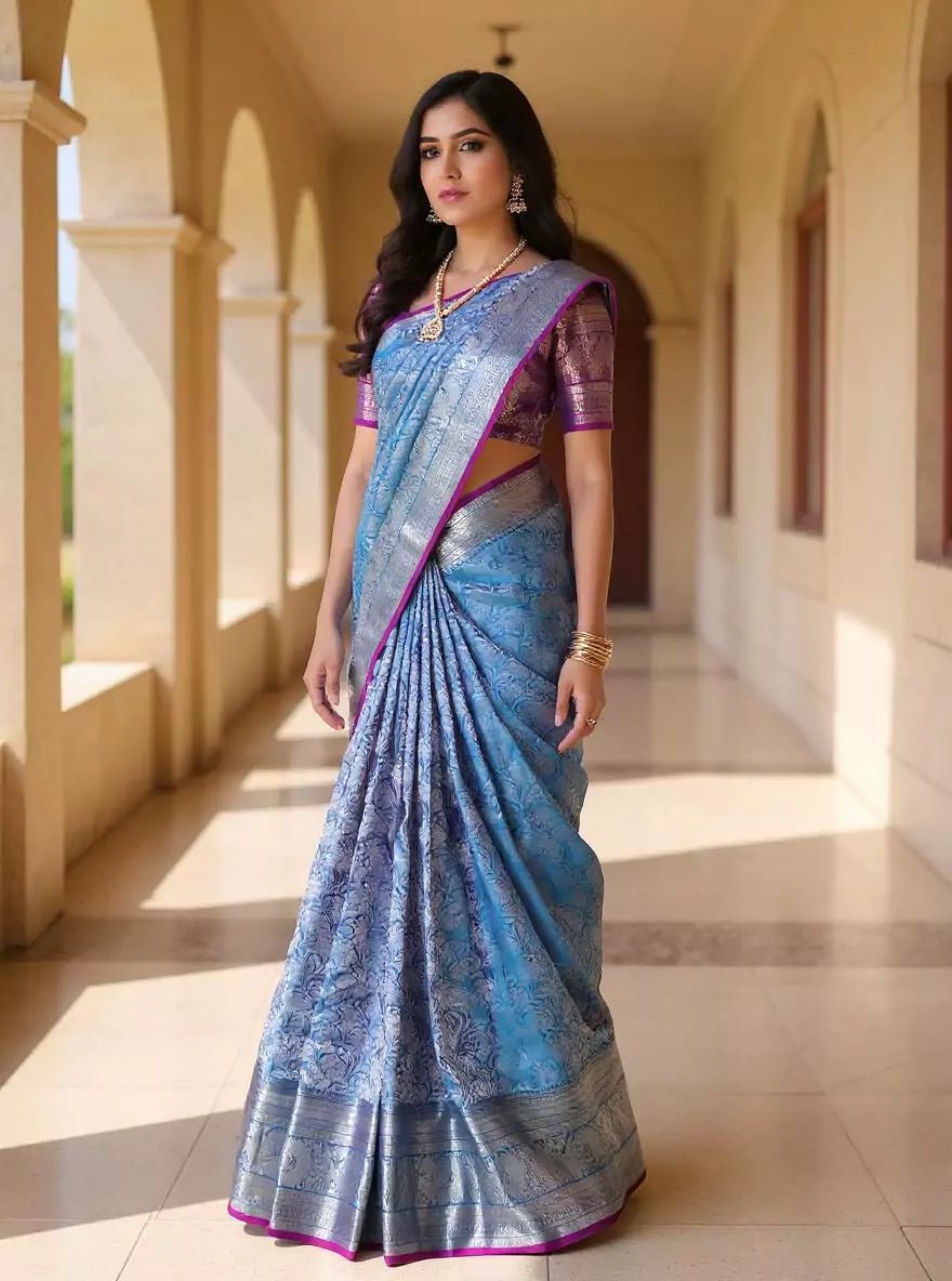 Image of Silver Floral Zari Sky Blue Kanchi Pattu Silk Saree - South India Shopping Mall