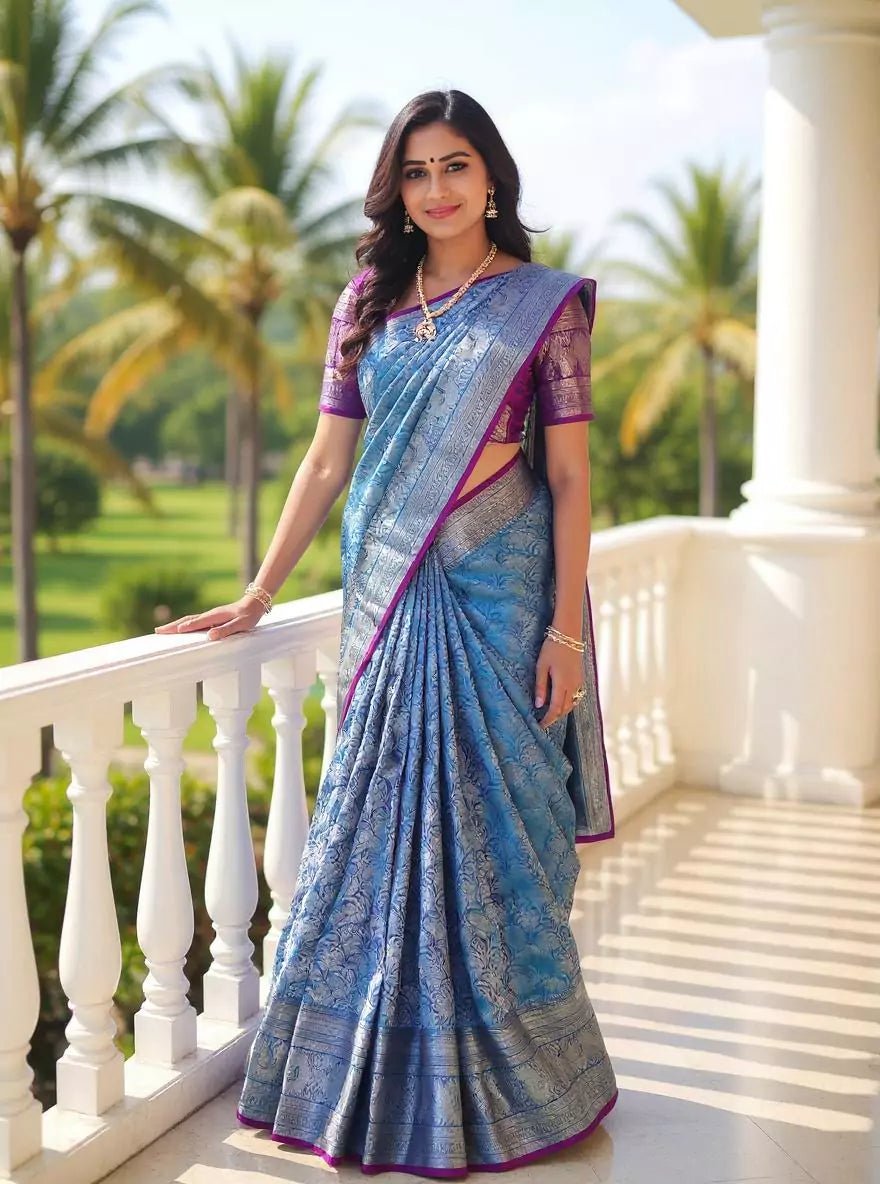 Image of Silver Floral Zari Sky Blue Kanchi Pattu Silk Saree - South India Shopping Mall