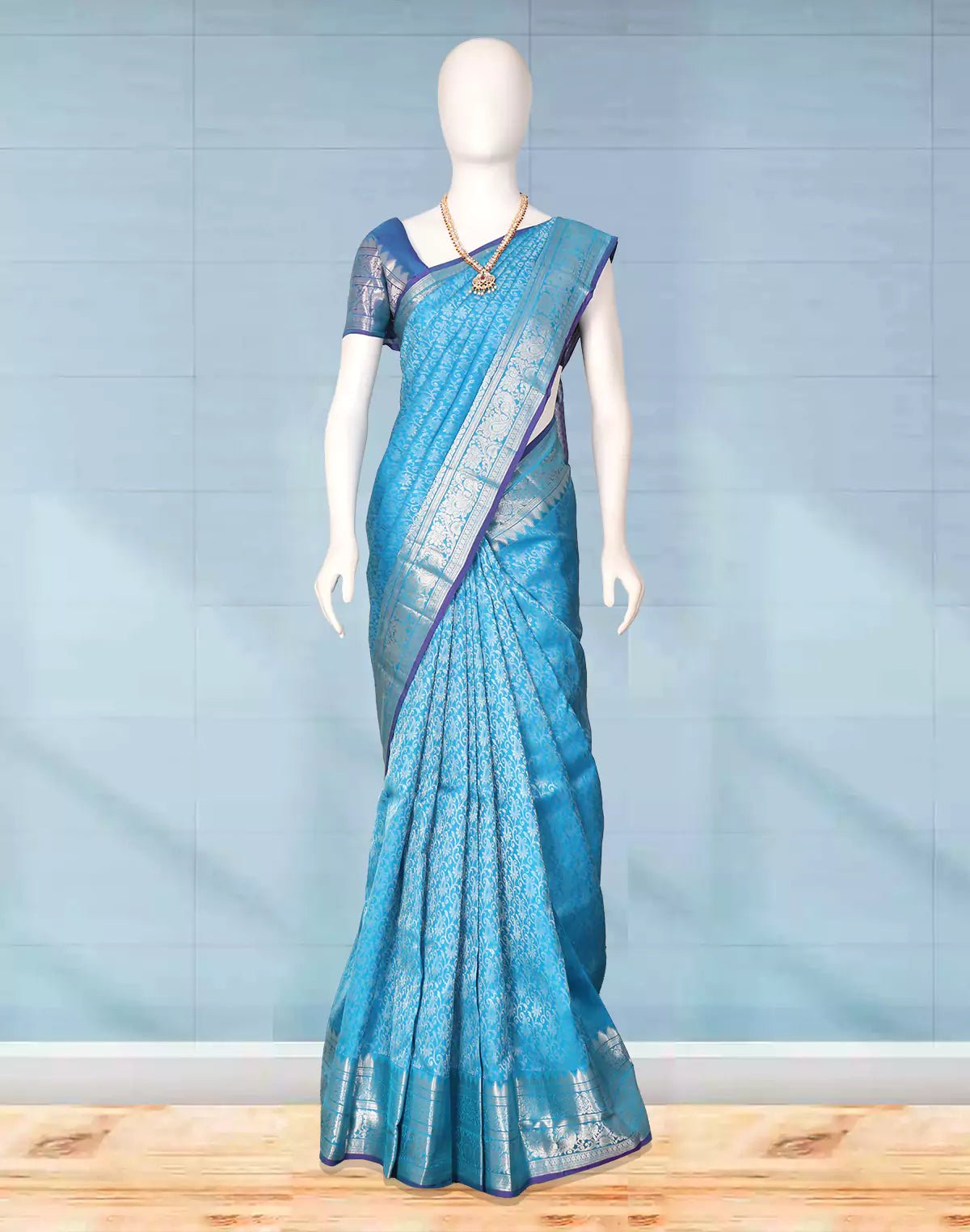 Image of Silver Paisely Zari work Kanchi Pattu Sky Blue Saree - South India Shopping Mall