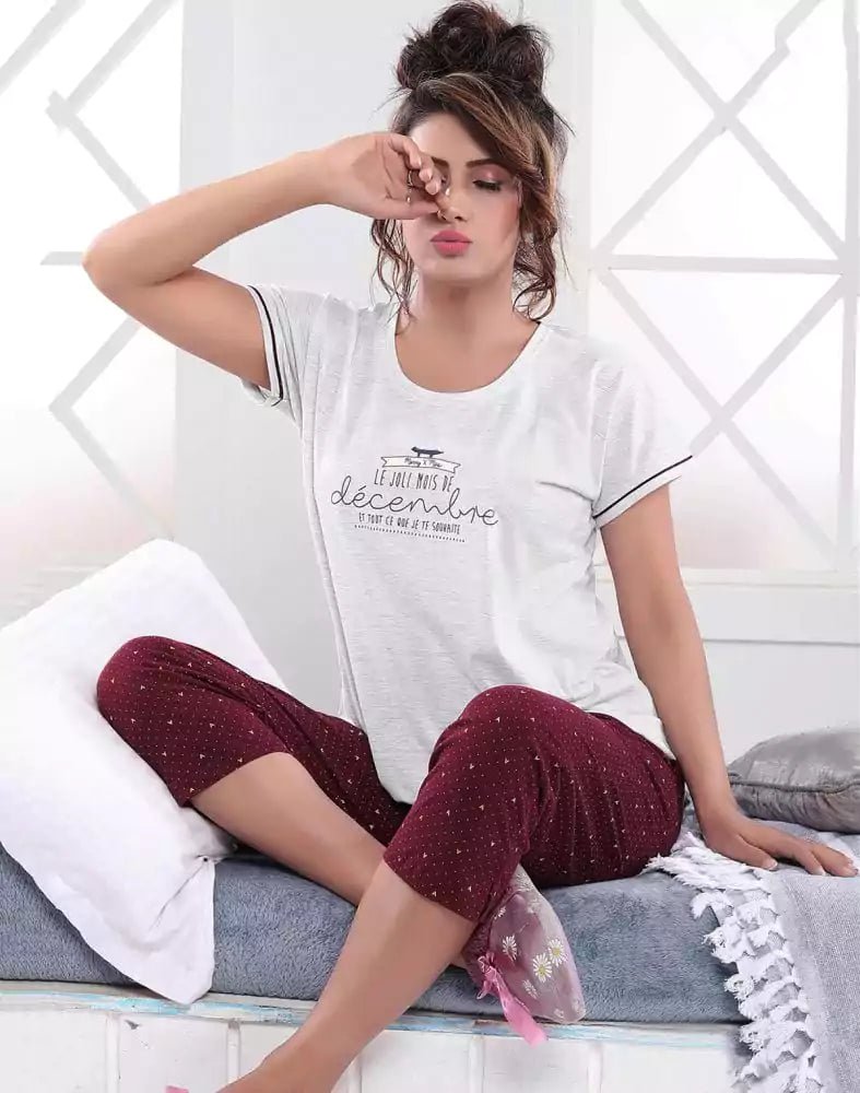 Image of Silver Typography Cotton Printed Capri Set - South India Shopping Mall