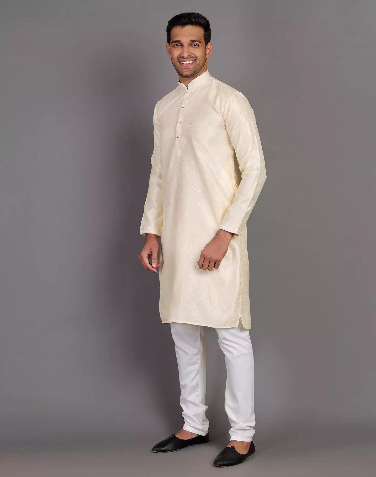Image of Simple Self Made Cream Thread Work Design Soft Silk Kurta Pyjama Set - South India Shopping Mall