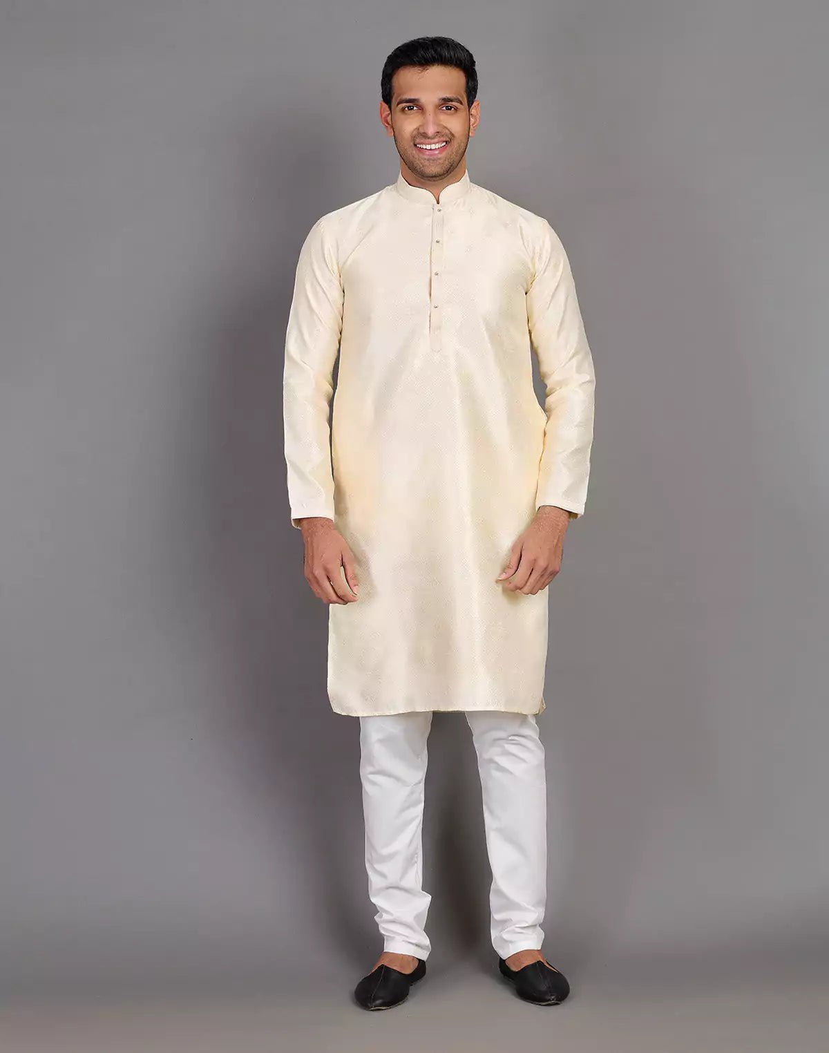 Image of Simple Self Made Cream Thread Work Design Soft Silk Kurta Pyjama Set - South India Shopping Mall
