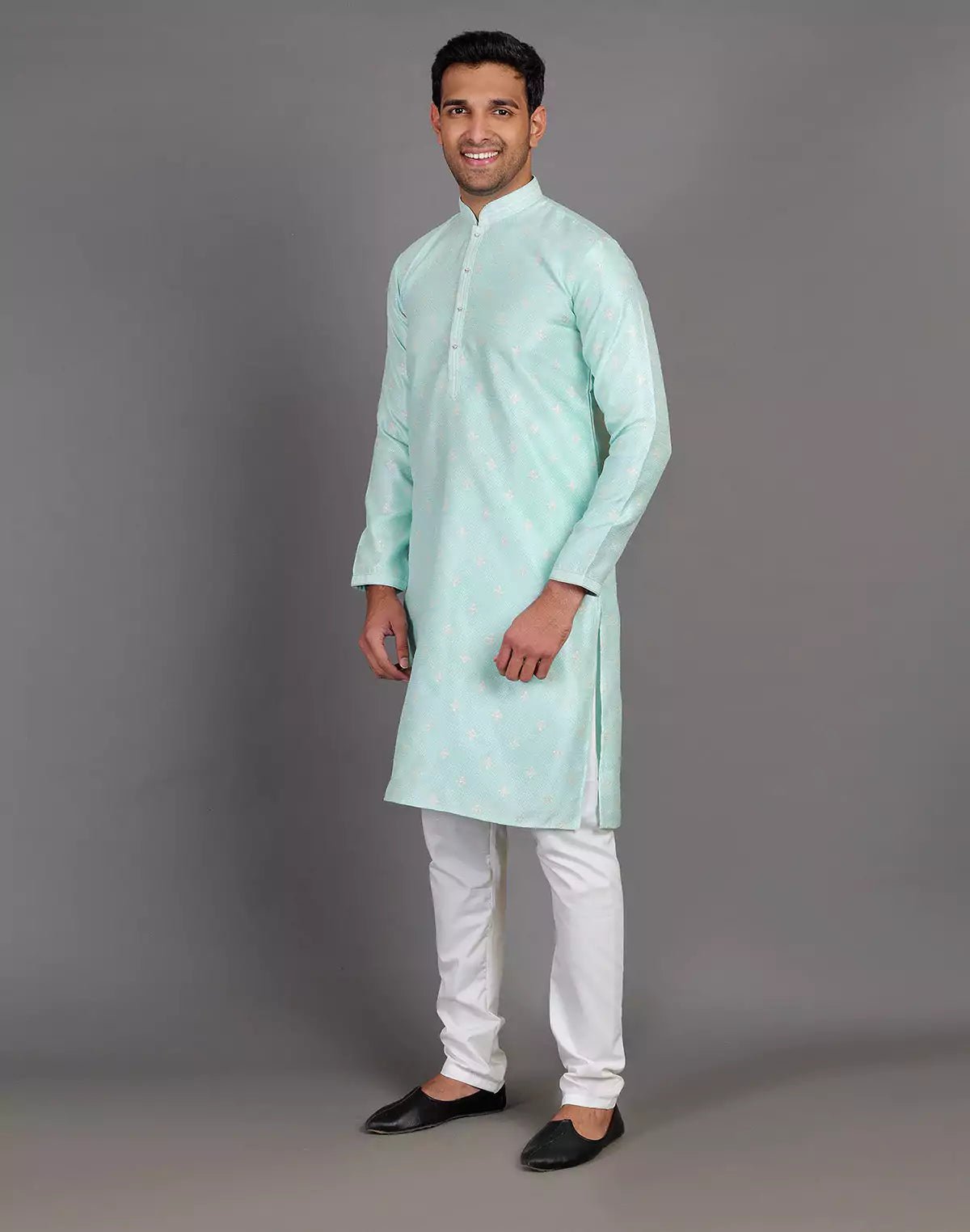 Image of Simple Self Made Thread Work Design Sea Green Soft Silk Kurta Pyjama Set - South India Shopping Mall