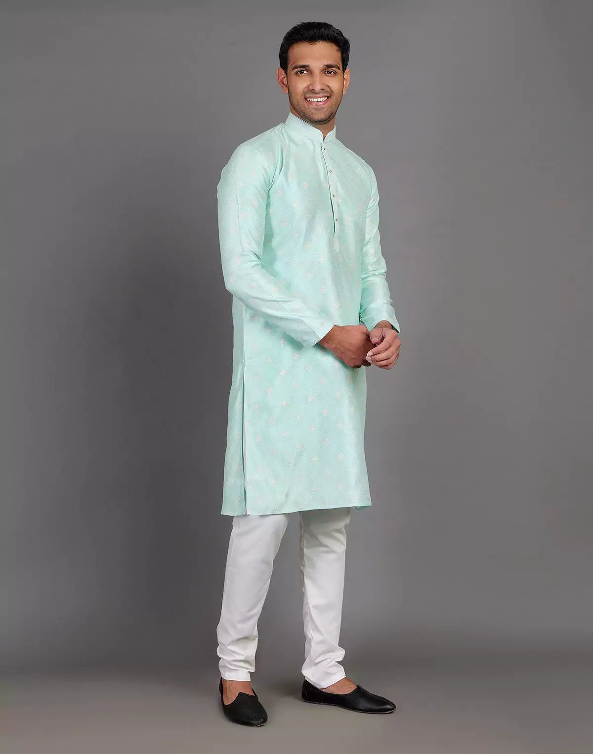 Image of Simple Self Made Thread Work Design Sea Green Soft Silk Kurta Pyjama Set - South India Shopping Mall