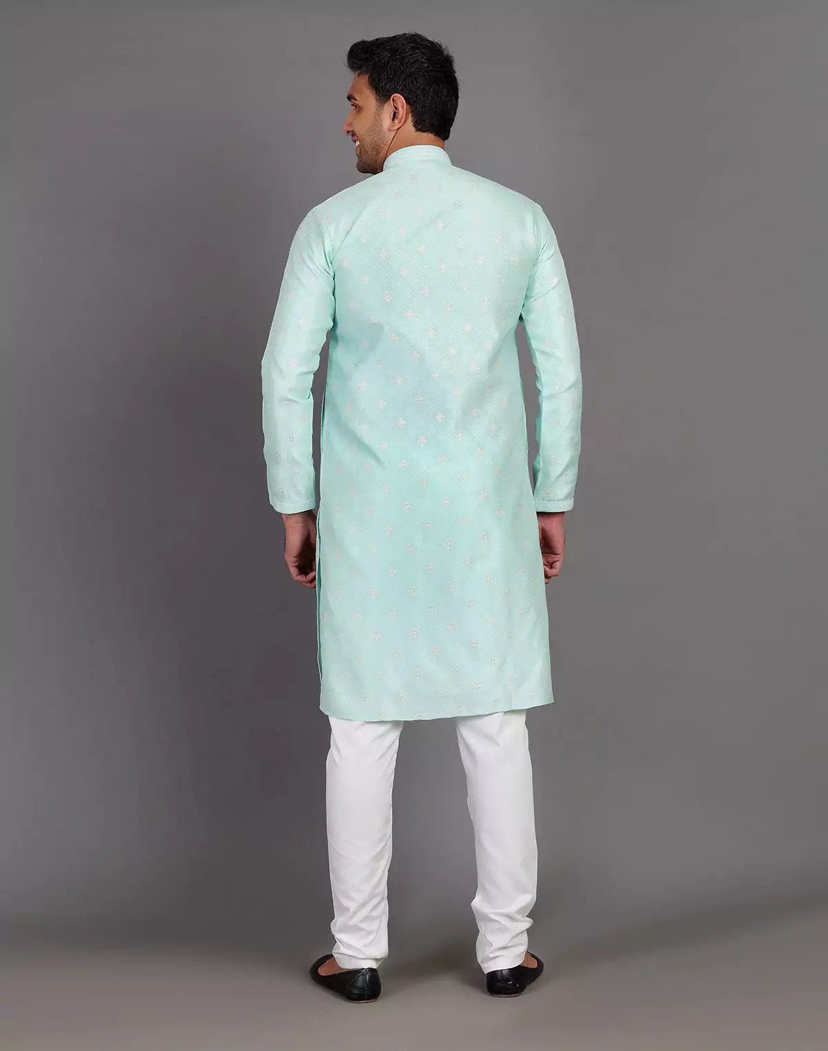 Image of Simple Self Made Thread Work Design Sea Green Soft Silk Kurta Pyjama Set - South India Shopping Mall