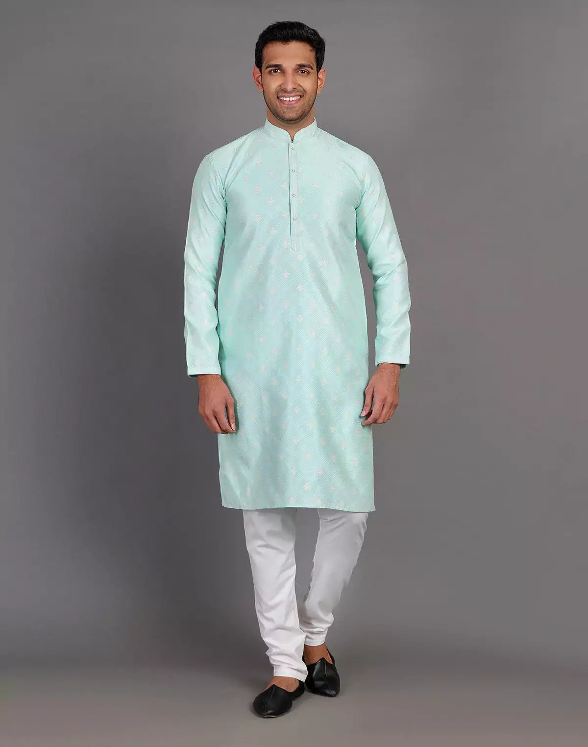 Image of Simple Self Made Thread Work Design Sea Green Soft Silk Kurta Pyjama Set - South India Shopping Mall