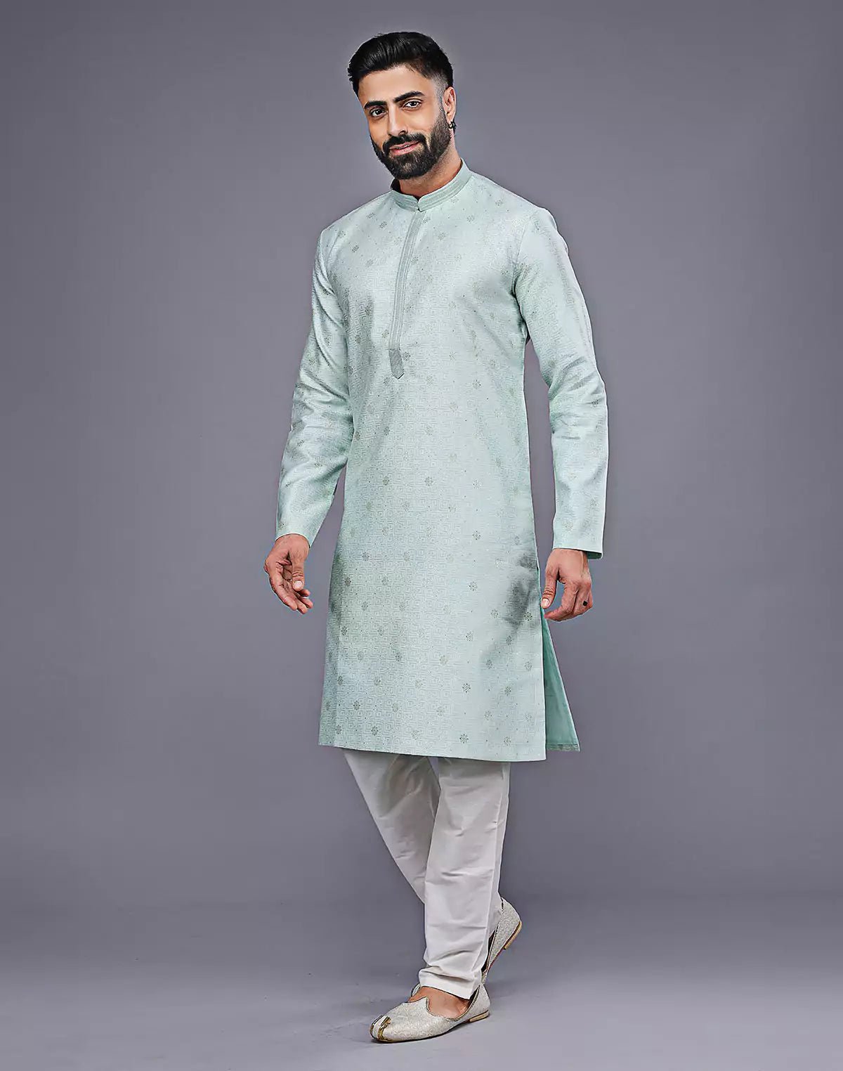 Image of Simple Sky Blue Silver Butta Soft Silk Kurta Pyjama Set - South India Shopping Mall