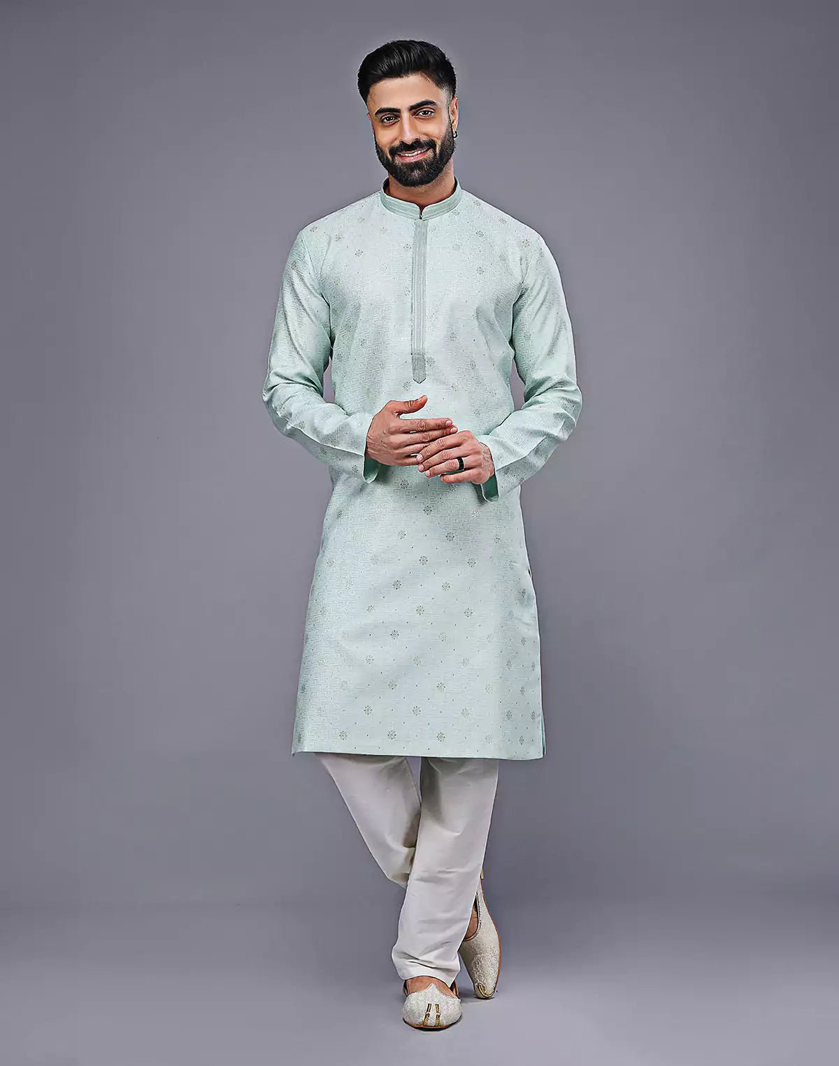 Image of Simple Sky Blue Silver Butta Soft Silk Kurta Pyjama Set - South India Shopping Mall