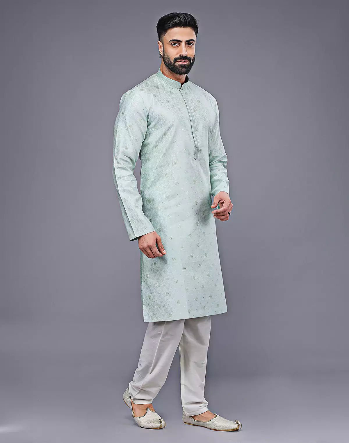 Image of Simple Sky Blue Silver Butta Soft Silk Kurta Pyjama Set - South India Shopping Mall