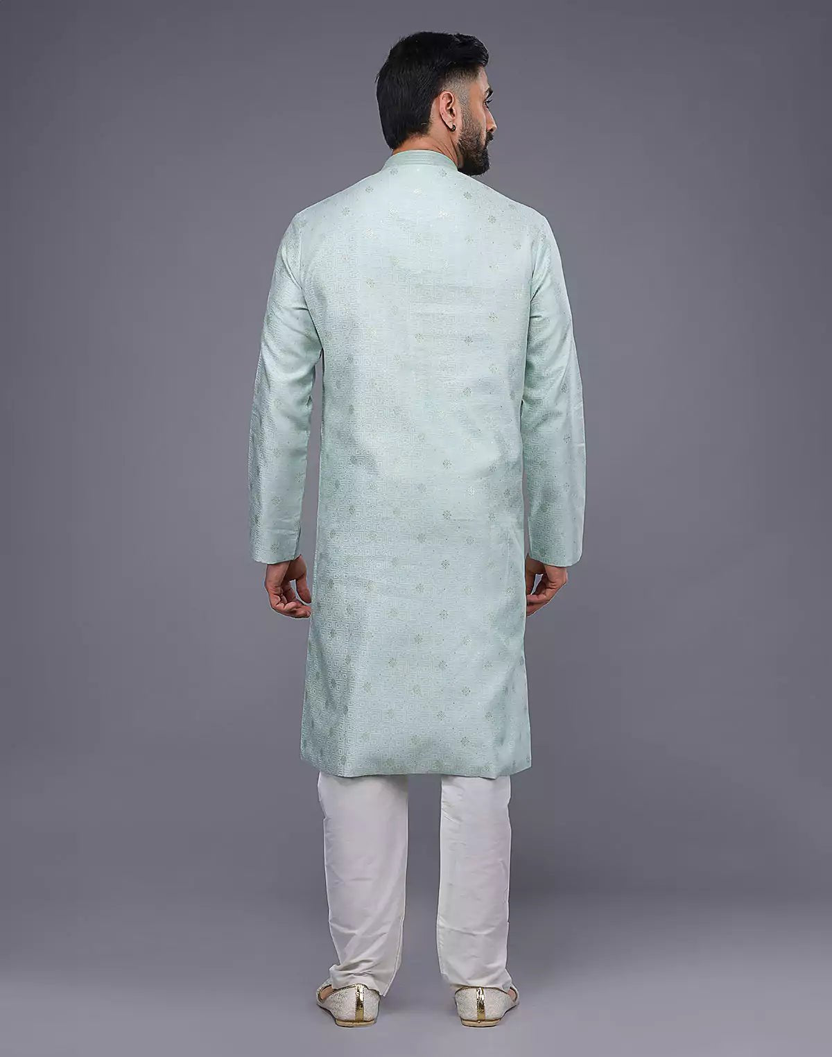 Image of Simple Sky Blue Silver Butta Soft Silk Kurta Pyjama Set - South India Shopping Mall