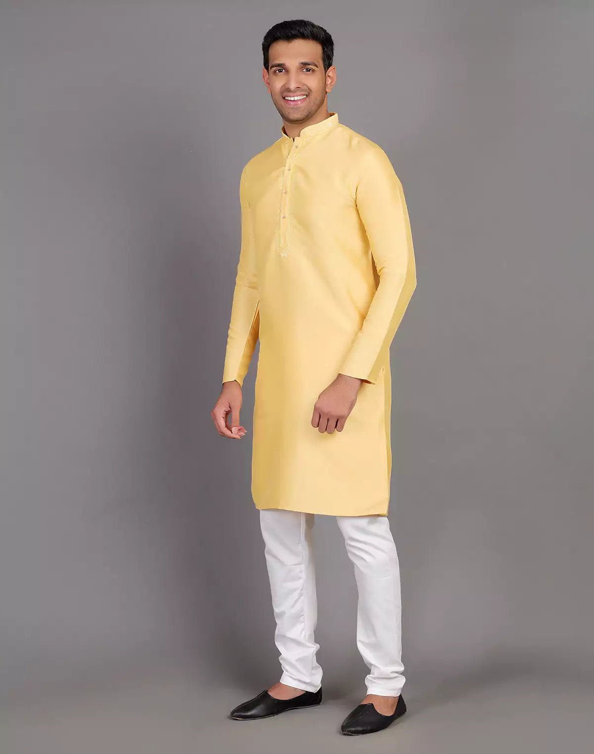 Image of Simple Yellow Coloured Plain Soft Silk Kurta Pajama - South India Shopping Mall