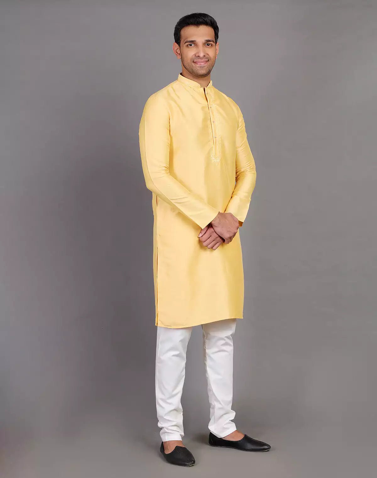 Image of Simple Yellow Coloured Plain Soft Silk Kurta Pajama - South India Shopping Mall