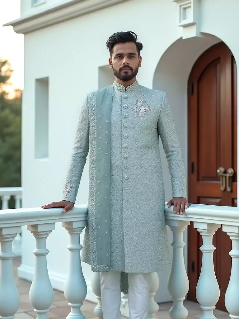 Image of Sky All Over Zardosi Stones work Indo - Western with Elegant Dupatta - South India Shopping Mall