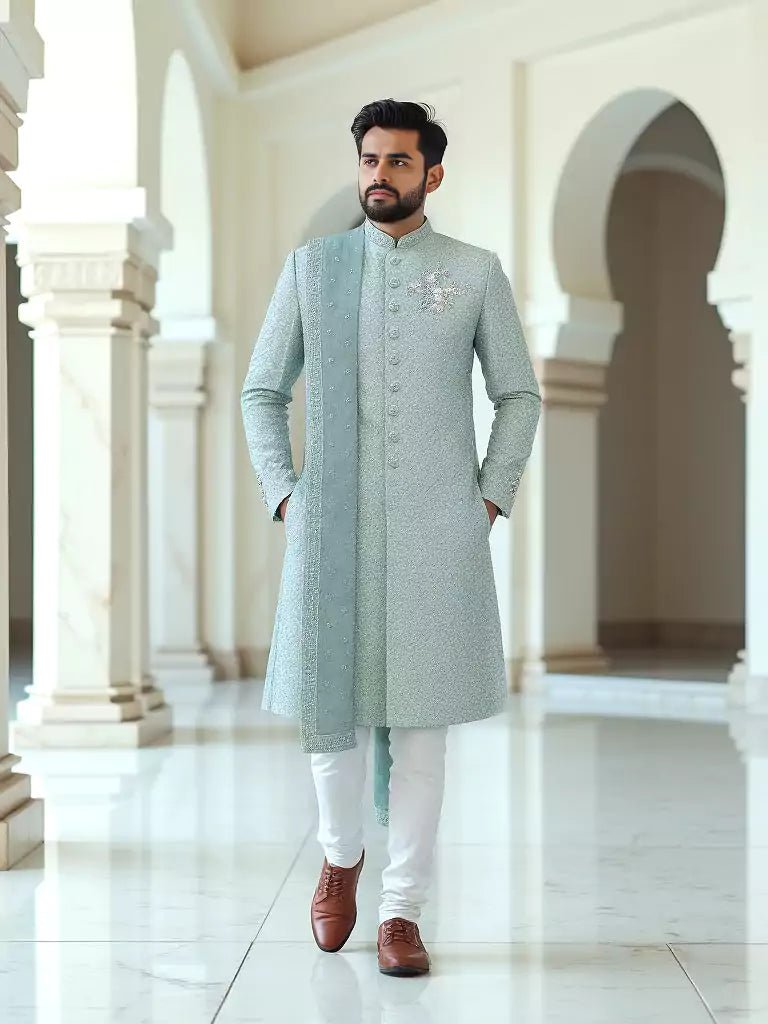 Image of Sky All Over Zardosi Stones work Indo - Western with Elegant Dupatta - South India Shopping Mall