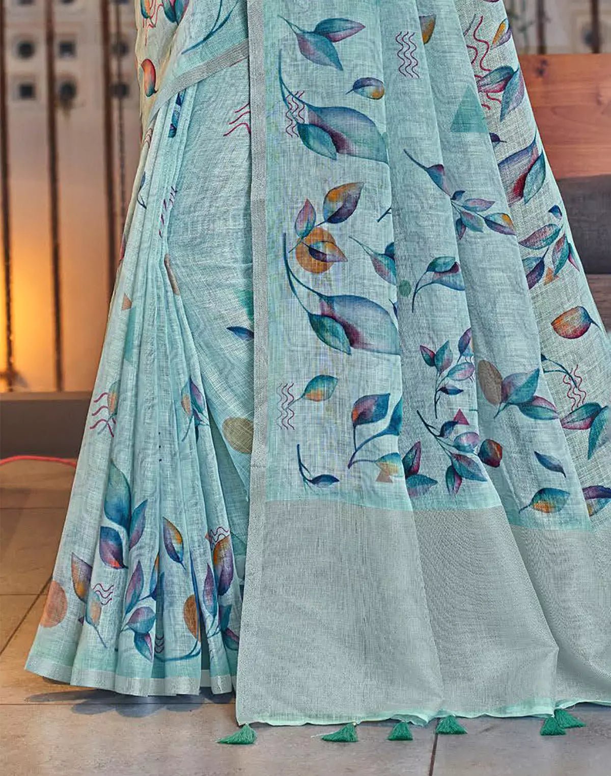 Image of Sky Blue all over Digtial Printed Linen Cotton Saree - South India Shopping Mall