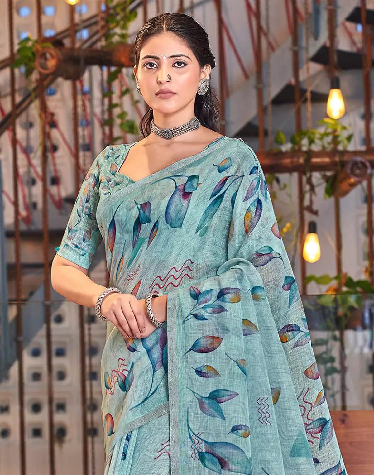 Image of Sky Blue all over Digtial Printed Linen Cotton Saree - South India Shopping Mall