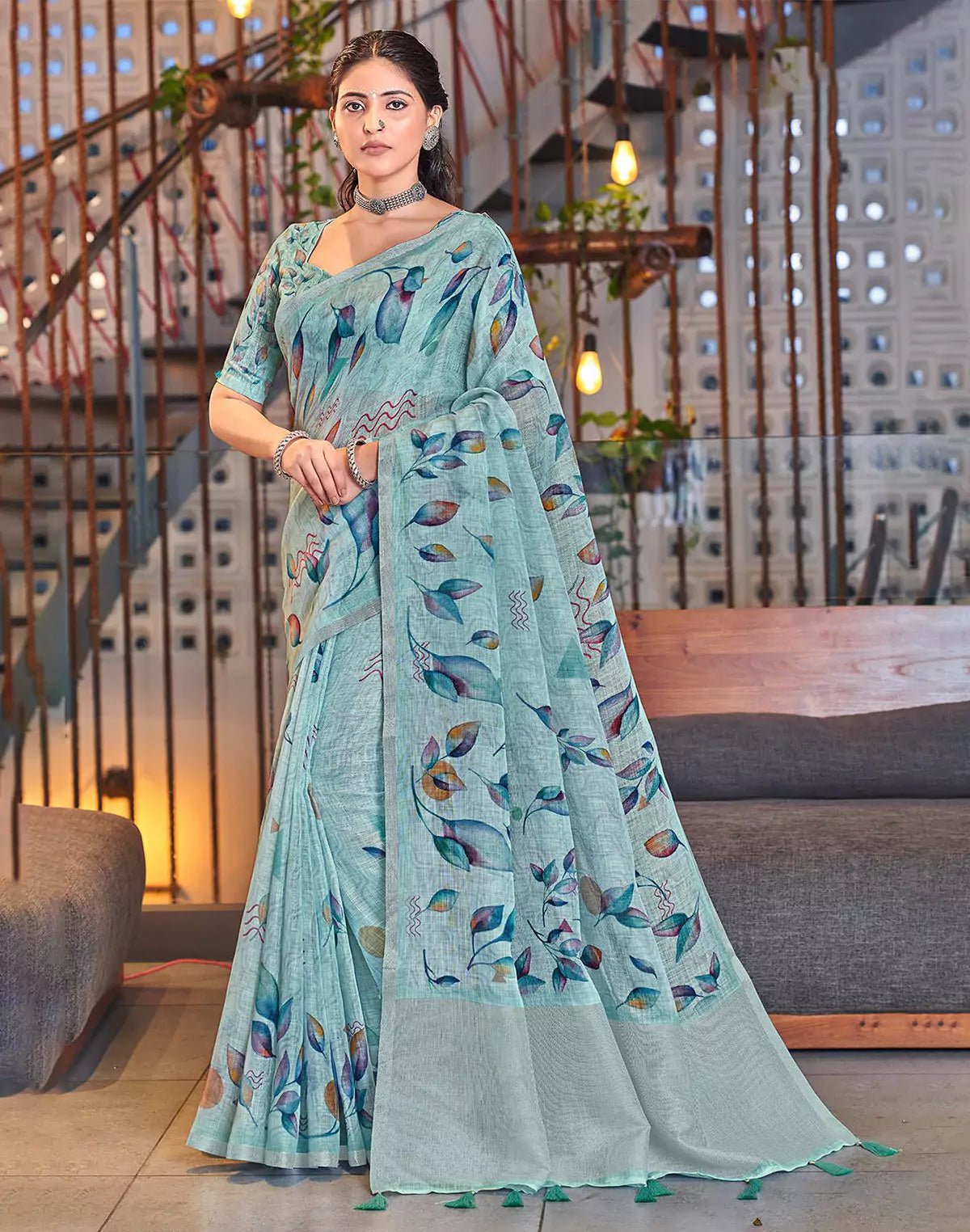 Image of Sky Blue all over Digtial Printed Linen Cotton Saree - South India Shopping Mall