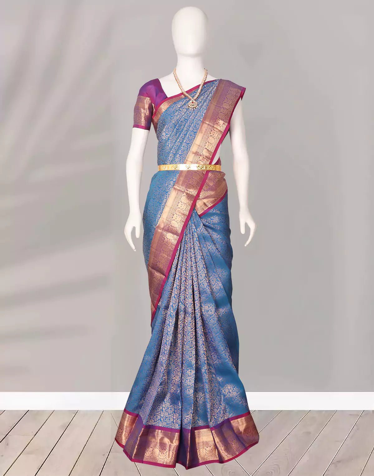 Image of Sky Blue and Purple Golden Floral Zari Kanchi Pattu Silk Saree - South India Shopping Mall