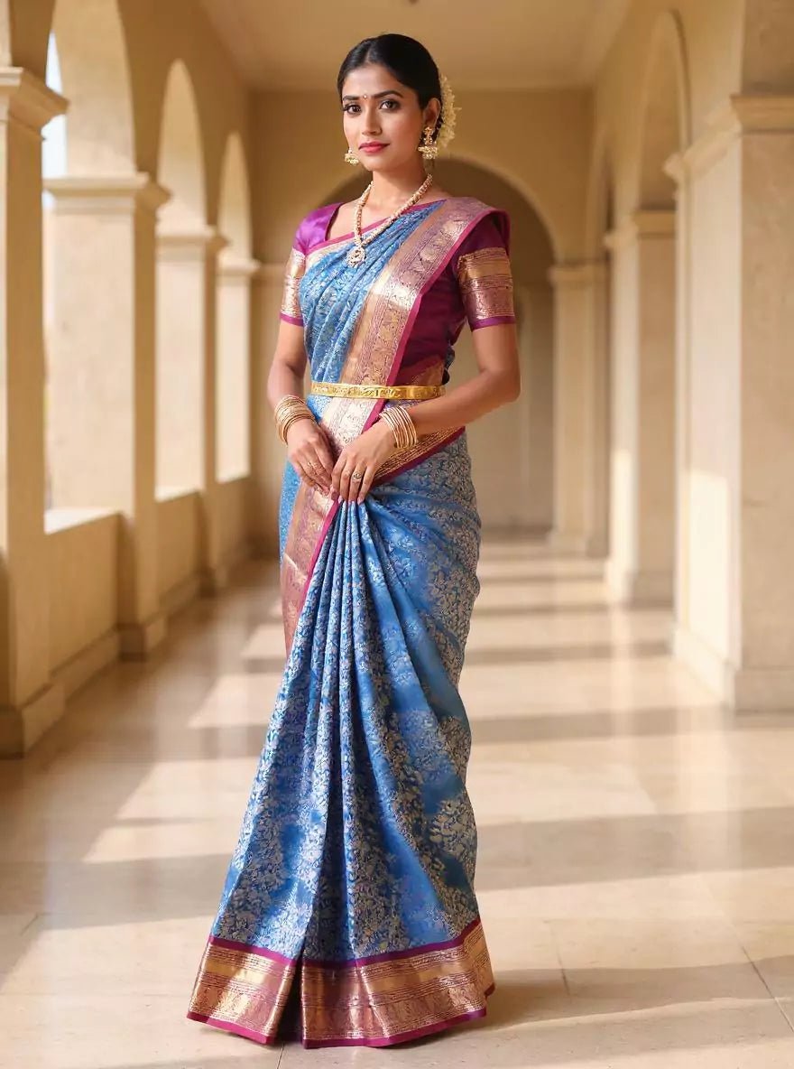 Image of Sky Blue and Purple Golden Floral Zari Kanchi Pattu Silk Saree - South India Shopping Mall