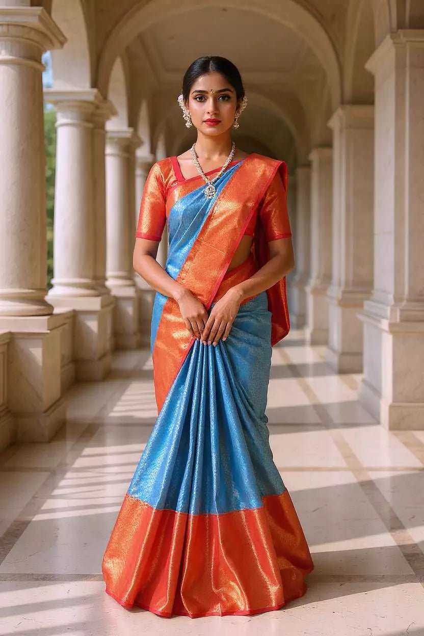 Image of Sky Blue Brocade Design Big Contrast Border Kanchi Pattu Silk Saree - South India Shopping Mall