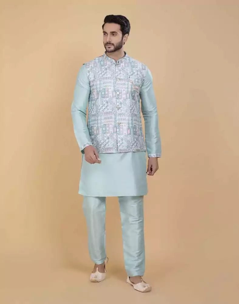 Image of Sky Blue Brocade With Gold Zari Work Kurta Jacket Set - South India Shopping Mall