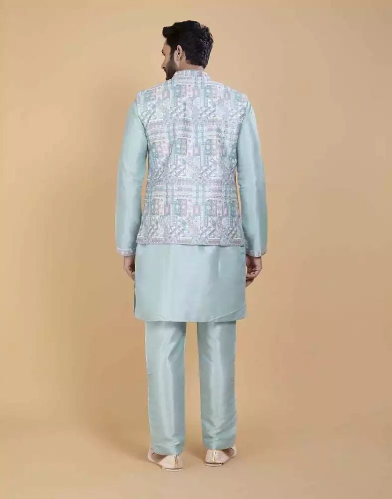 Image of Sky Blue Brocade With Gold Zari Work Kurta Jacket Set - South India Shopping Mall