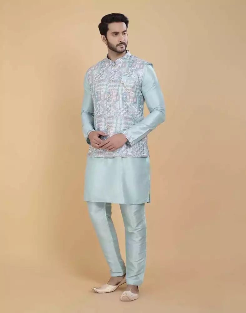 Image of Sky Blue Brocade With Gold Zari Work Kurta Jacket Set - South India Shopping Mall