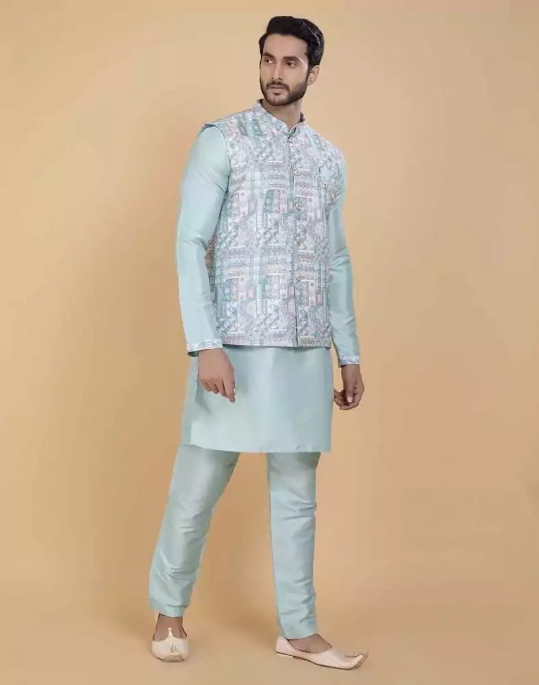 Image of Sky Blue Brocade With Gold Zari Work Kurta Jacket Set - South India Shopping Mall
