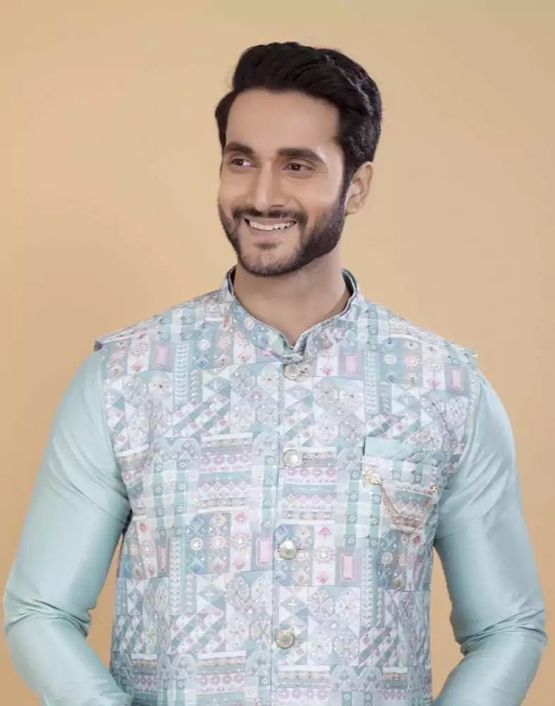 Image of Sky Blue Brocade With Gold Zari Work Kurta Jacket Set - South India Shopping Mall