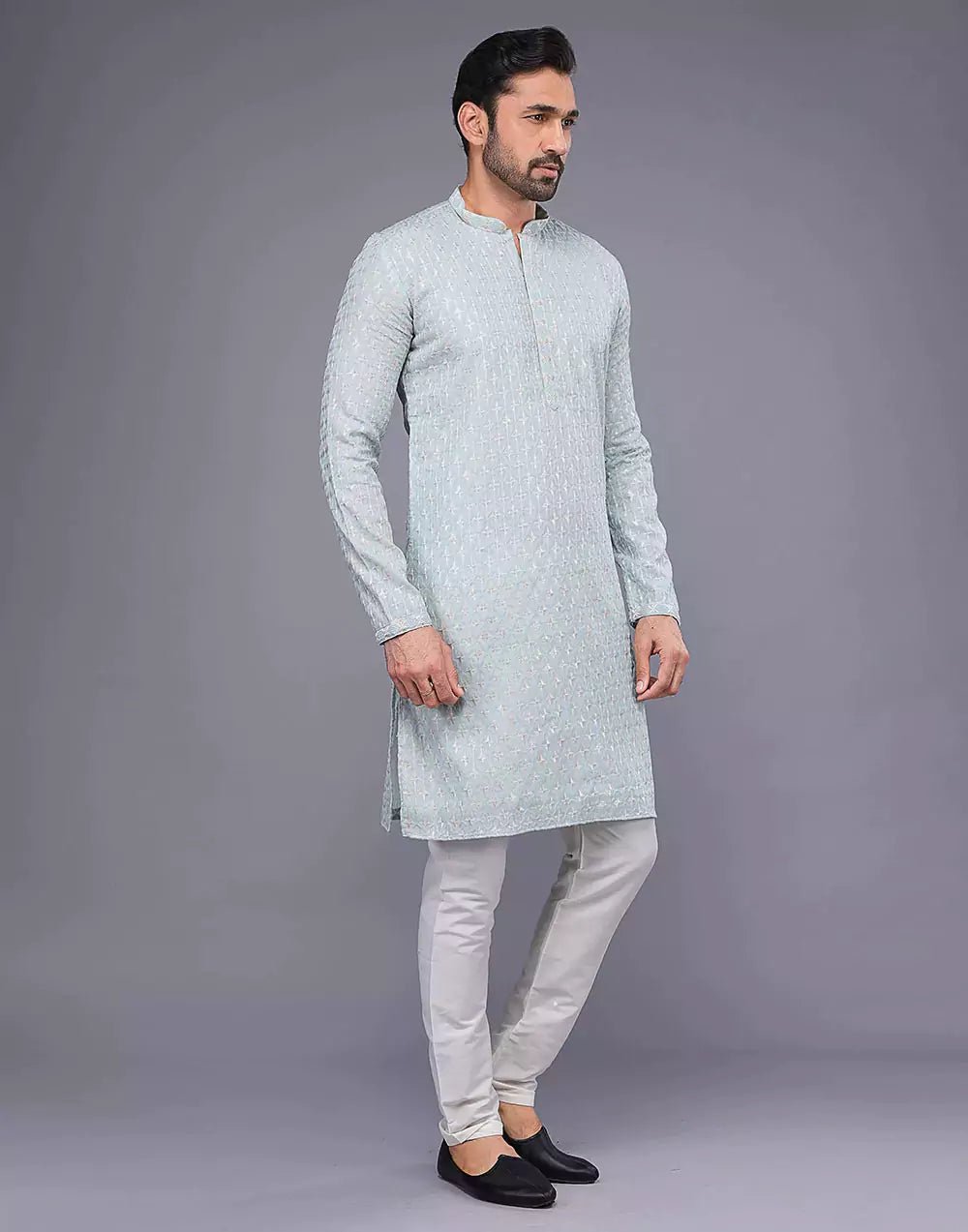 Image of Sky Blue Floral Brocade Design Thread Work Georgette Kurta Pajama - South India Shopping Mall