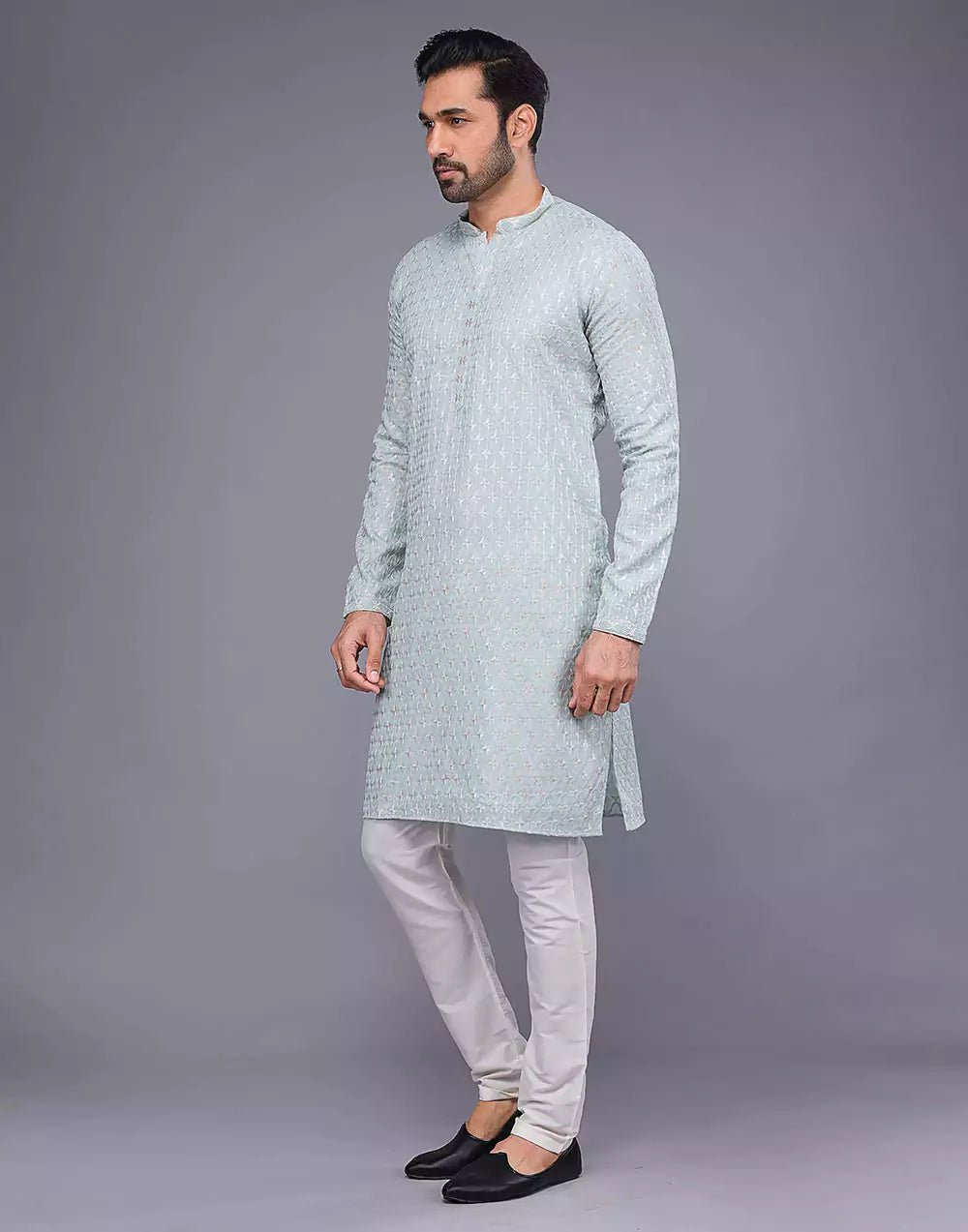 Image of Sky Blue Floral Brocade Design Thread Work Georgette Kurta Pajama - South India Shopping Mall