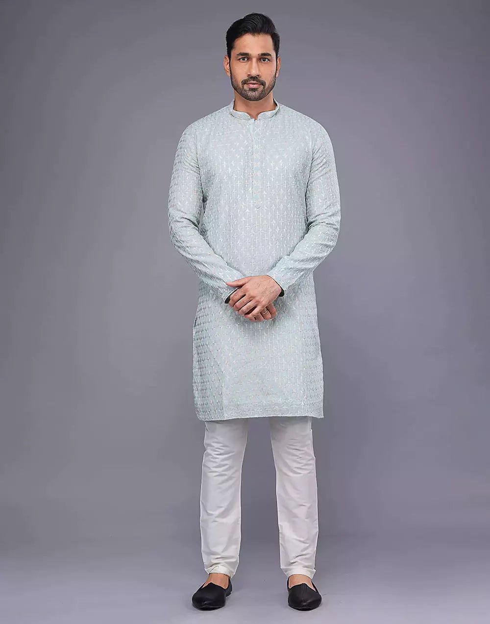 Image of Sky Blue Floral Brocade Design Thread Work Georgette Kurta Pajama - South India Shopping Mall