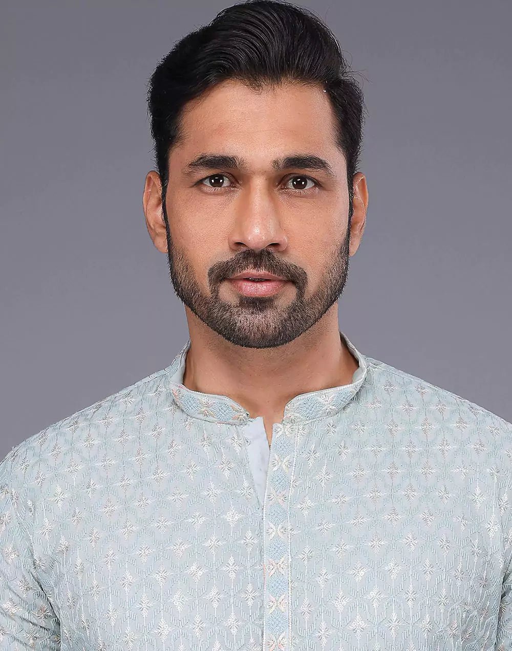 Image of Sky Blue Floral Brocade Design Thread Work Georgette Kurta Pajama - South India Shopping Mall