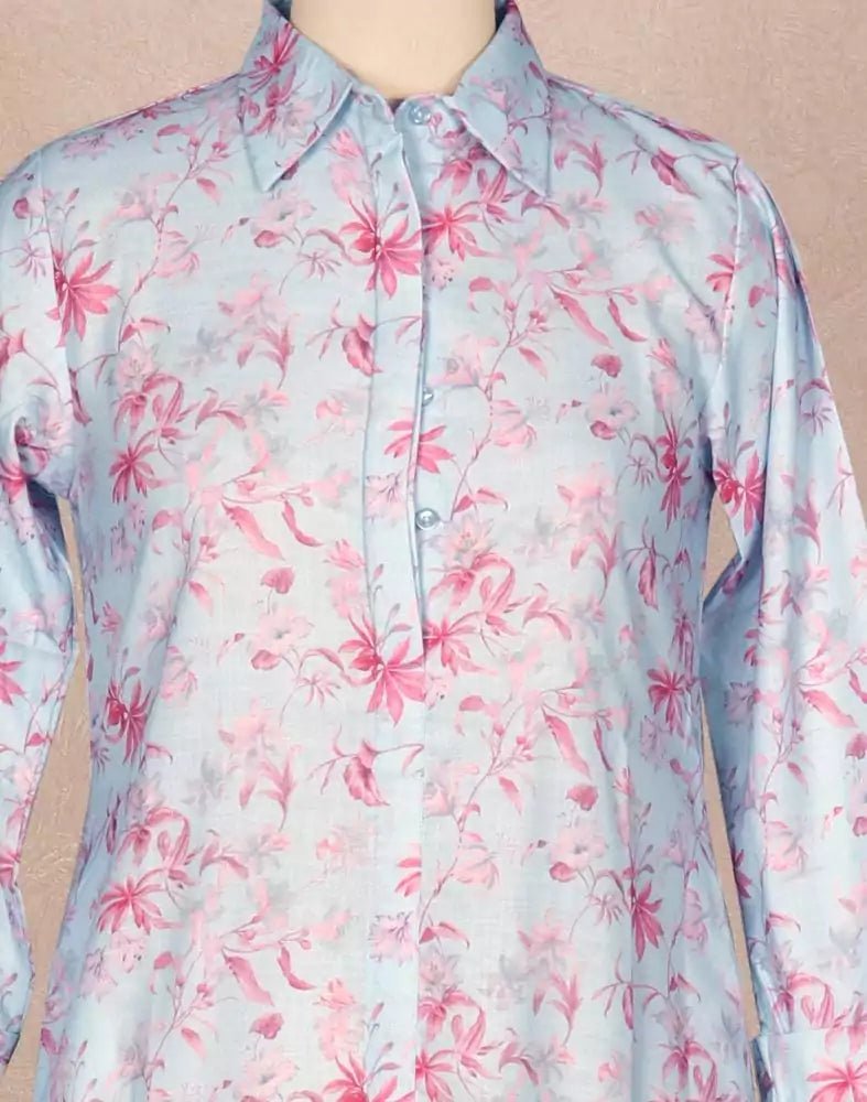 Image of Sky Blue Floral Cotton Printed Tops - South India Shopping Mall