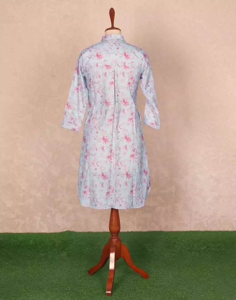 Image of Sky Blue Floral Cotton Printed Tops - South India Shopping Mall