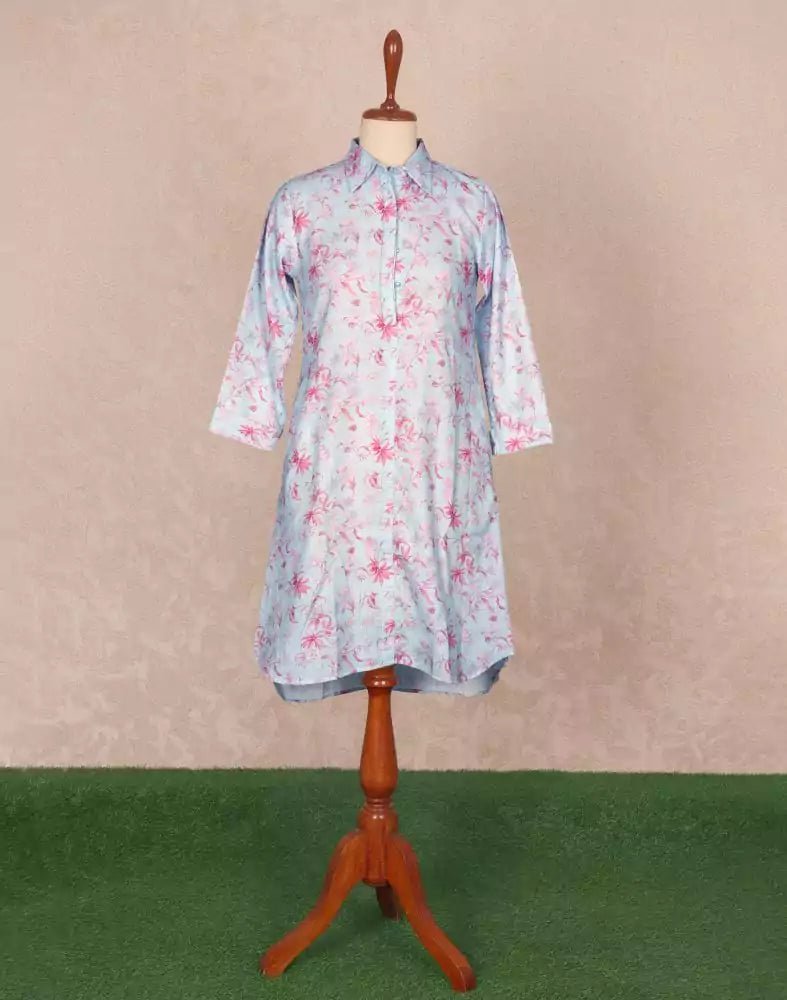 Image of Sky Blue Floral Cotton Printed Tops - South India Shopping Mall