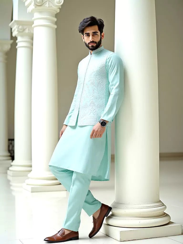 Image of Sky Blue Floral Embroidery Work Giza Cotton Kurta Jacket Set - South India Shopping Mall