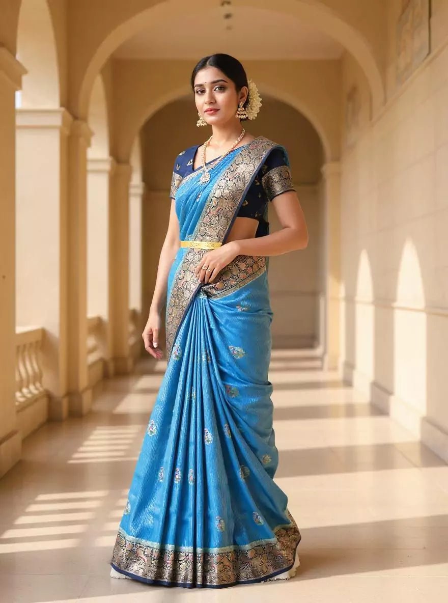 Sky Blue Floral Satin Meenakari work Banaras Soft Silk Saree - South India Shopping Mall