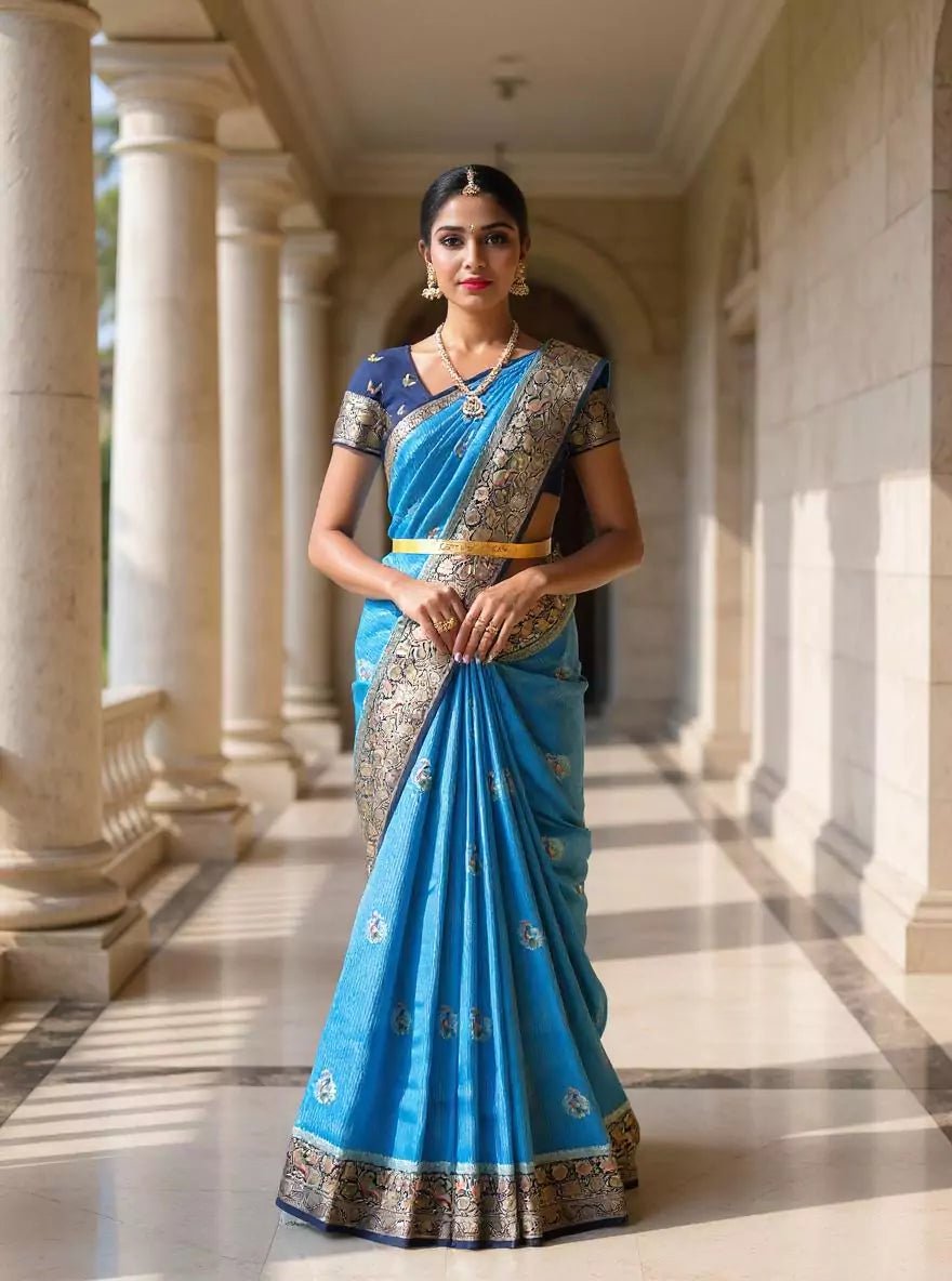 Image of Sky Blue Floral Satin Meenakari work Banaras Soft Silk Saree - South India Shopping Mall